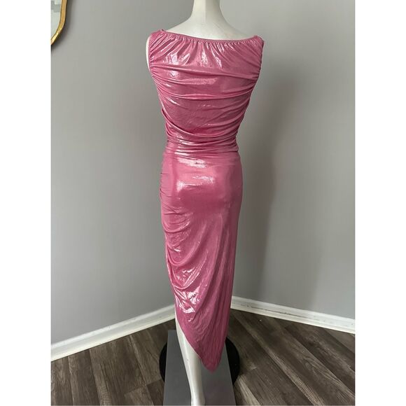 NWT Norma Kamali Shirred V-neck Asymmetric Tara Side Drape Gown Candy Pink Small - Picture 12 of 14